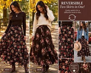 Carol Anderson by invitation Reversible Floral Chiffon Rayon Maxi Skirt M